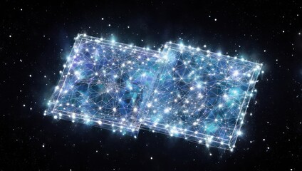 Abstract 3D rendering of two connected illuminated network structures set against a cosmic background