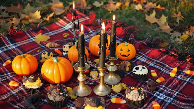Halloween themed picnic with pumpkins, candles, and candy corn on a plaid blanket in autumn.