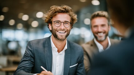 Portrait of happy businessman during a business meeting, signing a contract smiling with coworkers