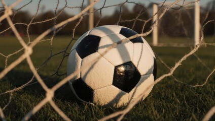 A soccer ball rests inside a net on a green field, lit by warm sunlight, focus on detail