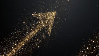 Abstract image featuring a golden arrow pointing upwards against a dark background with blurred particles