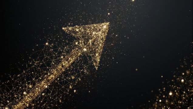 Abstract image featuring a golden arrow pointing upwards against a dark background with blurred particles
