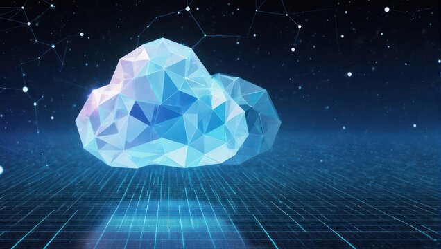 Abstract geometric low-poly cloud floating in a blue cyberspace setting with grid lines and stars