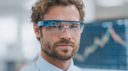 Professional using augmented reality glasses to analyze stock market data in an office environment