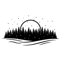 Obraz premium Winter snow activities vector art of silhouette of a forest with moon and snow