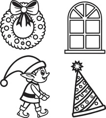 Festive christmas icons set featuring wreath elf hat and window for holiday decorations isolated on transparent background