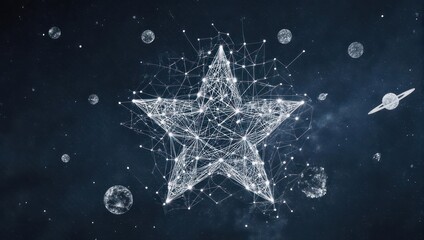 Abstract illustration featuring a digital starry night with constellations & planets