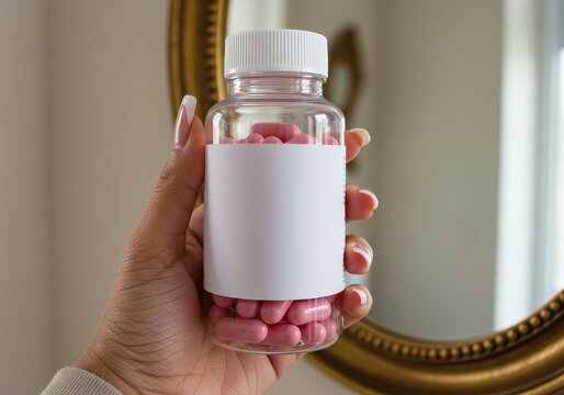 A beautiful hand holding a bottle of baby pink capsules with a white label near a gold framed mirror indoors