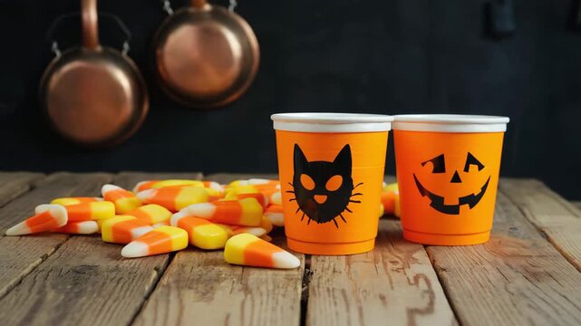 Halloween Candy Corn and Spooky Cups on a Rustic Wooden Table. footage video