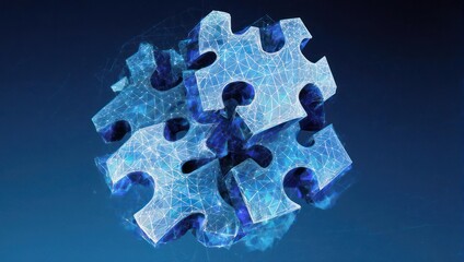 Abstract depiction of interlocked puzzle pieces, with a web of lines on a blue backdrop
