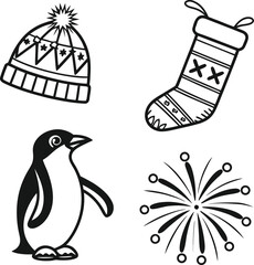 Winter holiday icons set penguin beanie stocking snowflake for seasonal design isolated on transparent background
