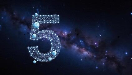 Abstract graphic with the number five outlined with glowing points, set against a starry background