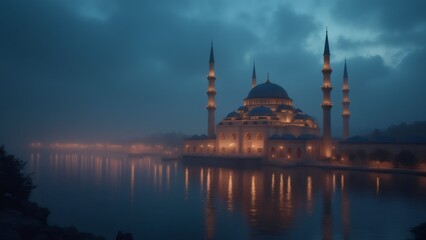 Obraz premium Night view of Fatih Mosque in Istanbul Turkey, lit up in the evening.