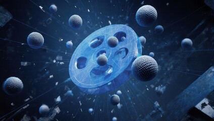 Abstract blue 3D film reel with floating spheres against a dark, fractured background