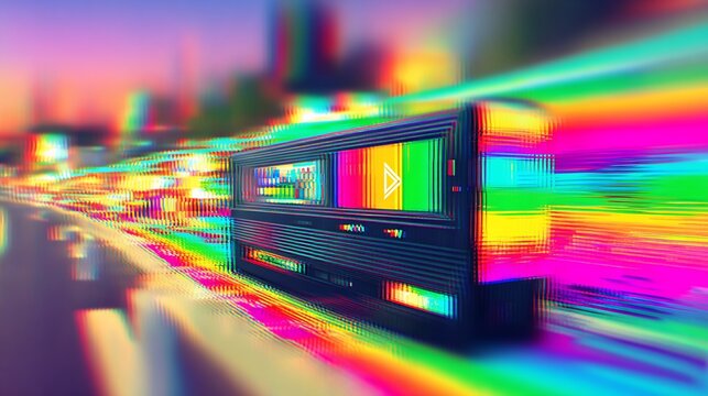 Retro television with vibrant glitch art and rainbow color effects in surreal landscape