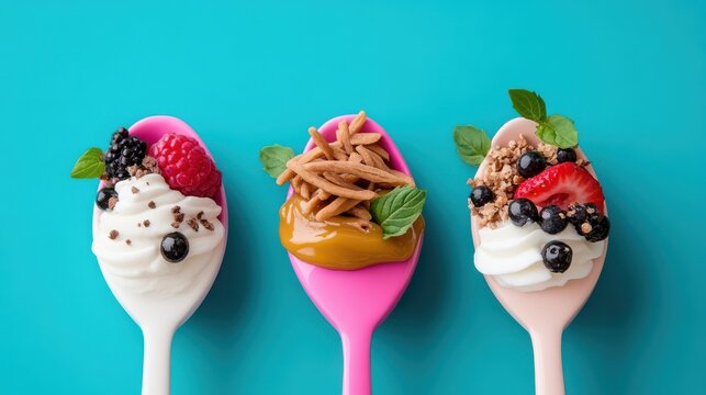 Colorful Dessert Spoons with Cream, Berries, Caramel, and Granola on a Bright Blue Background. Gourmet Food Presentation.