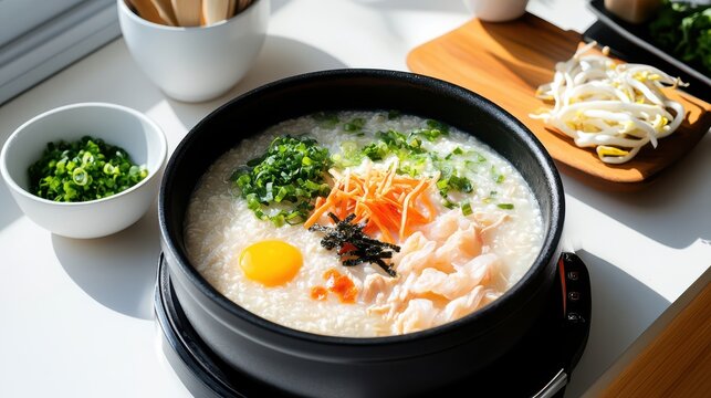 Korean Rice Porridge (Juk) with Egg Yolk, Chicken, and Vegetables in a Black Bowl. Healthy and Comforting Asian Cuisine.