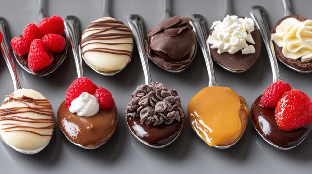 Elegant Dessert Spoons with Chocolate, Berries, and Cream. Gourmet Food Presentation of Assorted Sweet Treats.