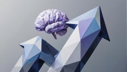 Abstract image of a stylized brain floating above geometric arrows pointing upwards
