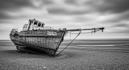 Abandoned Wooden Fishing Boat Stranded on a Pebble Beach Under Dramatic Cloudy Sky
