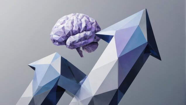 Abstract image of a stylized brain floating above geometric arrows pointing upwards - Powered by Adobe