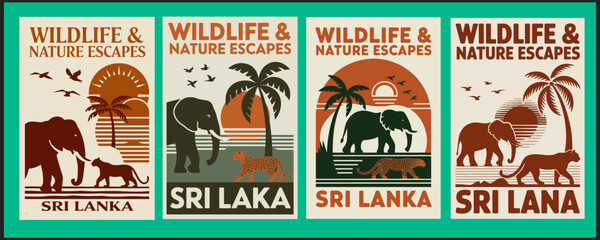Sri Lanka Wildlife and Nature Vintage Poster Set with Elephants Retro Travel Stamp Collection Vector Illustration