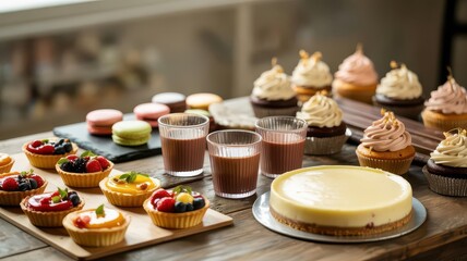 Assorted gourmet desserts and drinks on rustic table