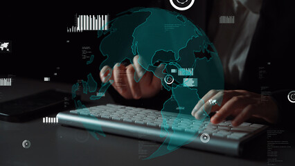 Explore the fusion of technology and global connectivity with a keyboard and data visualization in a modern dark workspace, showcasing the future of digital communication. Xenic