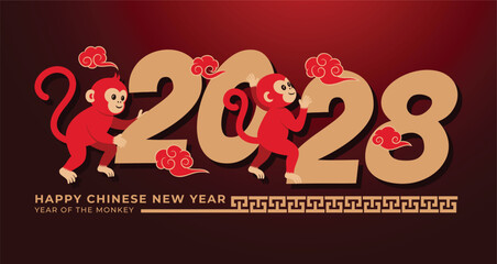 Year of The Monkey 2028 sign, number decorated with monkey zodiac and cloud vector