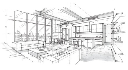 Fototapeta premium Architectural Sketch of Modern Open-Concept Living Space with Kitchen.