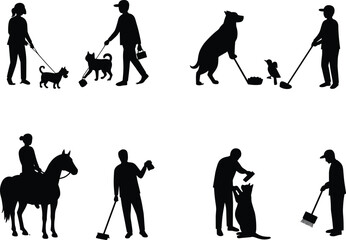 Pet care silhouettes, dog walking, animal cleanup, grooming scene, horse riding, cat hygiene, responsible ownership, outdoor activity, animal interaction, hygiene tools, pet lovers