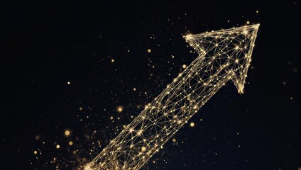 Abstract golden network arrow pointing upwards, symbolizing growth, progress, and direction