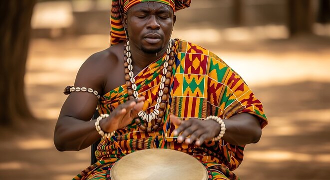 African man in traditional Kente cloth playing a djembe drum with intense focus.