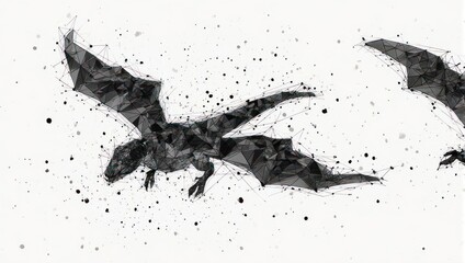 Abstract illustration of creatures with wings, composed of geometric shapes and connected lines