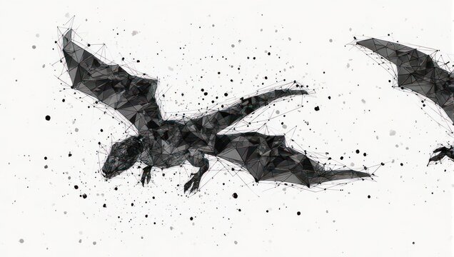 Abstract illustration of creatures with wings, composed of geometric shapes and connected lines