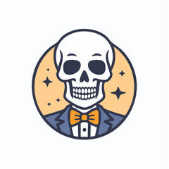 Fototapeta premium A stylized illustration of a skeleton wearing a suit and bow tie, inside a circle.