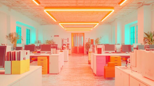 Modern openplan office interior with rows of desks, computers, and bright orange and teal lighting, creating a vibrant and contemporary workspace 4k video