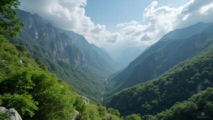 Obraz premium Lush Green Valley in Mountainous Landscape Under Cloudy Sky, Montenegro