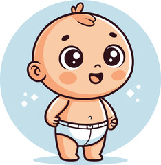 Adorable Cartoon Baby in Diaper with Big Eyes and Happy Expression – Vector Illustration