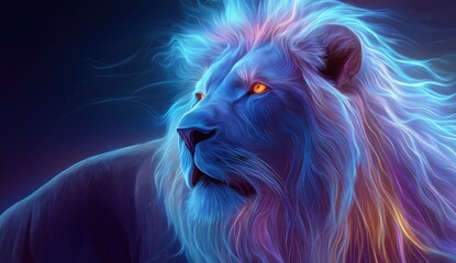 Majestic lion with glowing mane and eyes, radiating ethereal blue light, looking regal