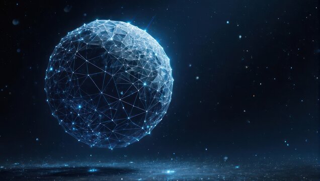 Abstract depiction of a globe-like structure comprised of interconnected nodes and lines in a dark space