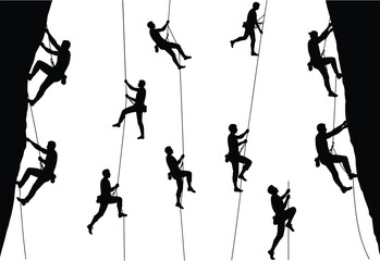 Rock climber silhouettes, rope climbing vector, vertical ascent poses, black icons, mountain adventure, outdoor activity, physical fitness, extreme sport concept