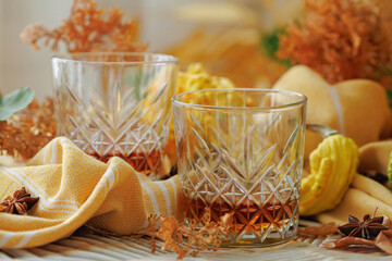 Crystal glass of whiskey on striped yellow fabric with spices, squash, and warm autumn decorations