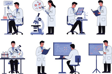 Scientist illustration in lab coat, molecular diagram analysis, microscope and computer setup, black vector art, research activity scene, scientific equipment interaction