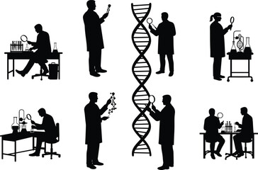Scientist silhouette illustration, DNA helix interaction, molecular model and microscope scene, black vector art, laboratory research activity, scientific teamwork, sample analysis moment