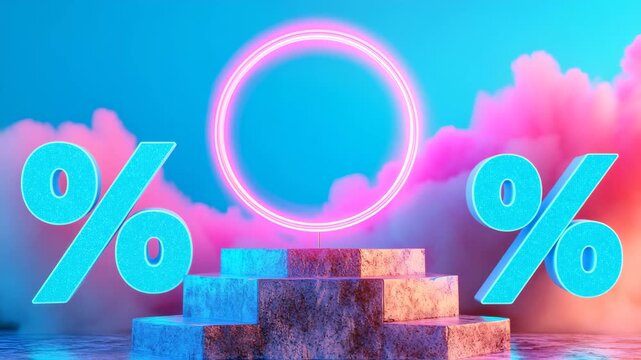 A surreal scene with a podium, neon circle, and percentage signs against a vibrant sky with pink clouds 4k video