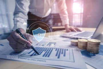 Cyber security interface with biometric and AI-powered protection system. Cyber security secures...