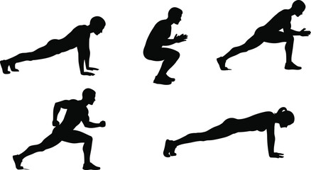Silhouette fitness exercises, men and women training, squats, lunges, pushups, running, workout poses, gym bodyweight training, healthy lifestyle, strength and endurance illustration
