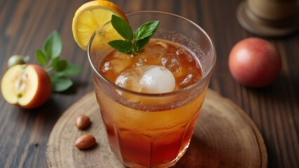 Iced apple drink with lemon & mint on wooden board, refreshing summer beverage