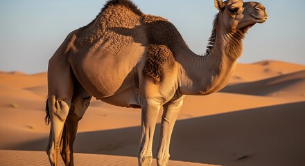A lone camel stands tall in the desert sand dunes.